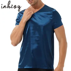 Mens Short Sleeve Satin T-Shirt Pajamas Tops Comfortable V Neck Loose Solid Color Loungewear Sleepwear Nightwear