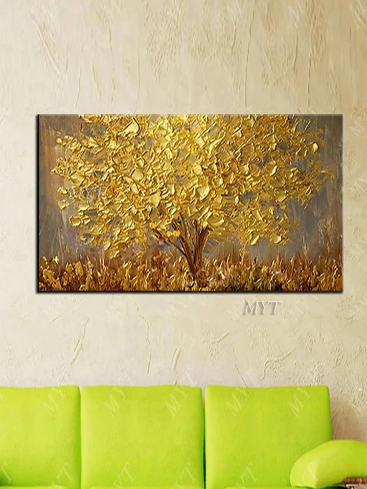 Unframed Hand Painted Knife Gold Tree Oil Painting On Canvas Large Palette 3D Paintings For Living Room Modern Abstract Wall Art