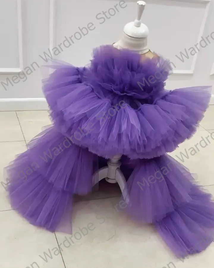 Purple Lovely Flower Girl Gowns Puffy Hi Low Tiered Ruffles Tulle Gowns For Kids Christmas Party Dresses Custom Made