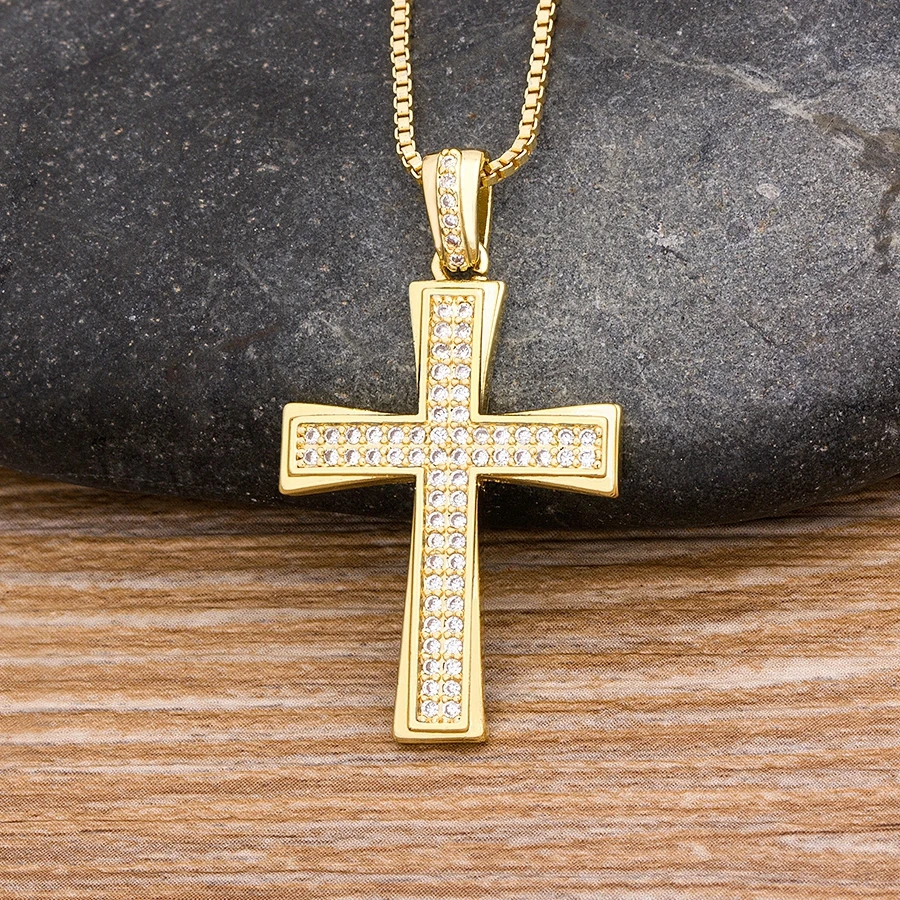 Nidin New Arrival Hot Sale Cross Pendant Long Chain Necklace Copper Cubic Zircon Choker 4 Colors Choice Religion Jewelry Gifts