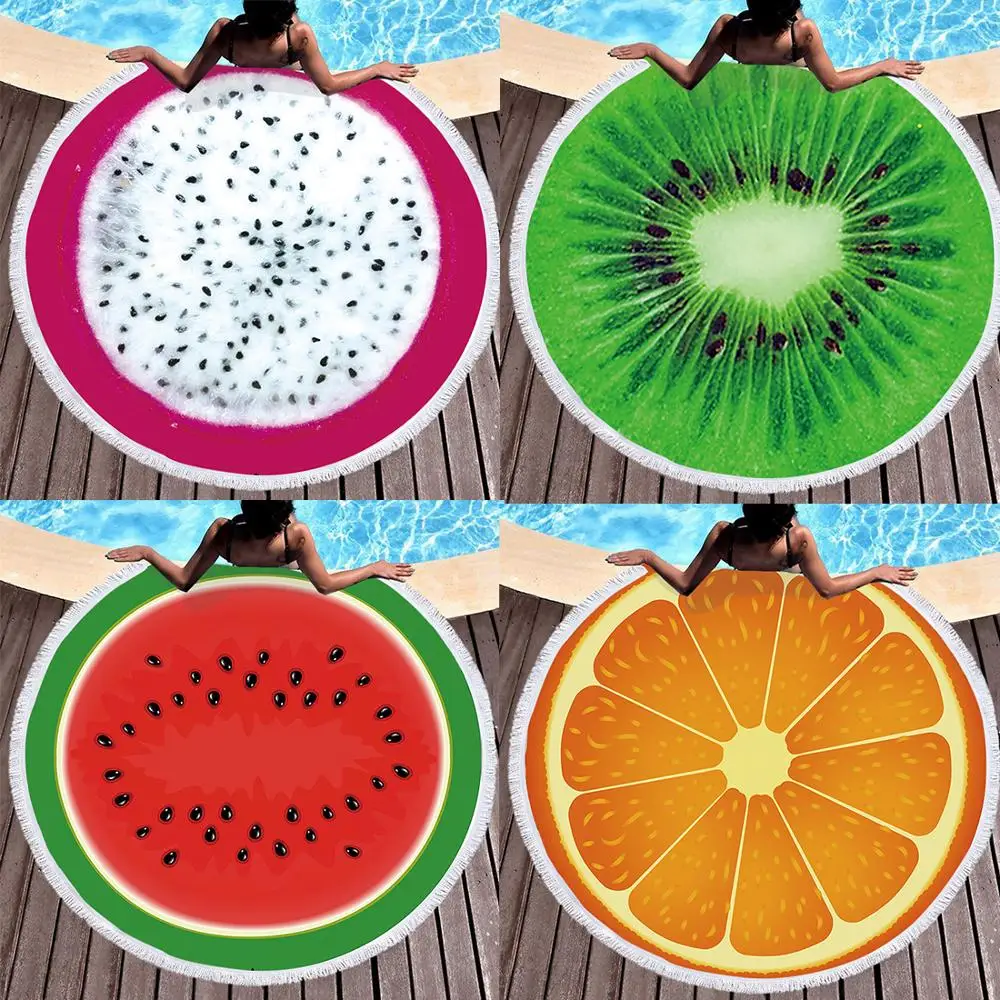 

Fruit Summer Watermelon Orange Kiwi Beach Bath Towel Round Sea Blanket Kawaii Yoga Carpet Picnic Mat Absorbent Manteau Cloak