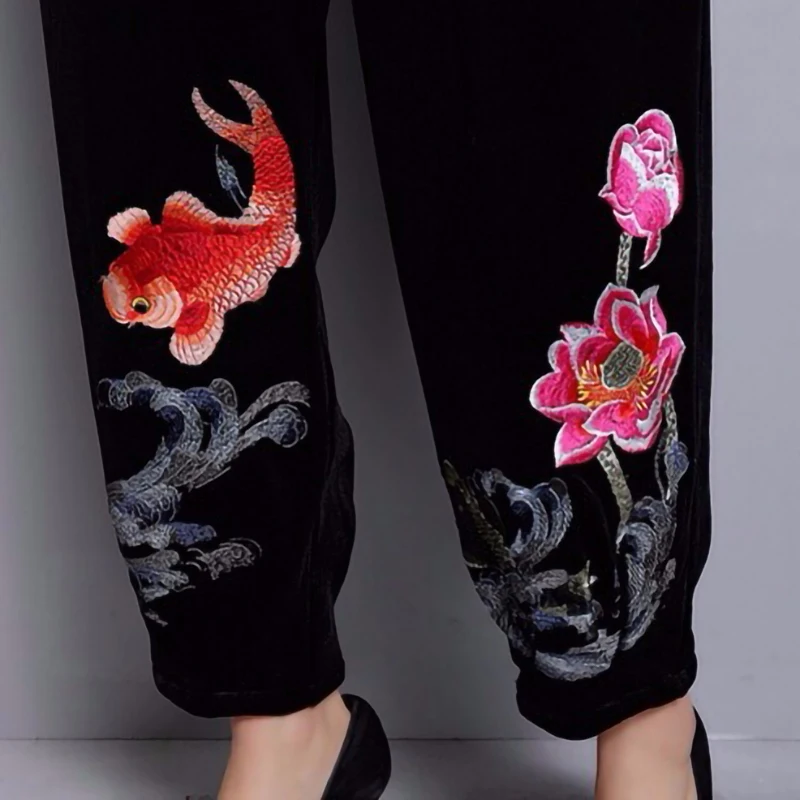 Women Pants Plus size High waist Velvet Pants Black Embroidery Ankle length Trousers Loose Ladies Casual