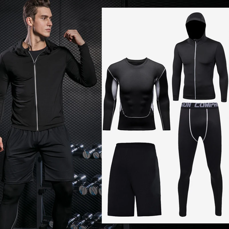 Men Sportswear Compression Sport Suits Quick Dry Running Sets Men Clothes Joggers Training Gym Fitness Tracksuits 4Pcs/Set MY348