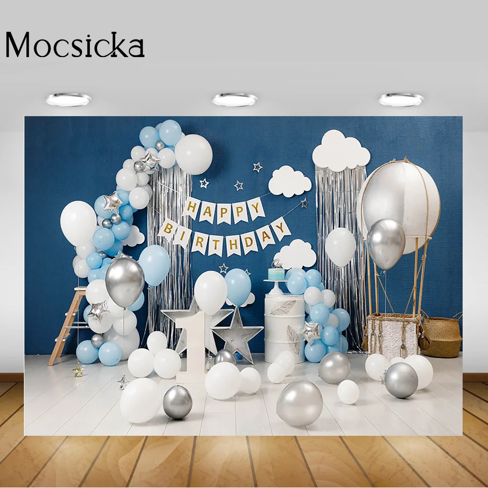 Globos 1er cumpleaños pastel Smash fondo globo de aire caliente nube centelleante pequeña estrella un cumpleaños retrato telón de fondo fotografía