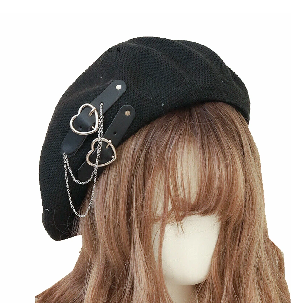 Black Punk Beret for Girls Women 56cm Head Preppy Style Breathable Gothic Lolita JK Hat Beanie