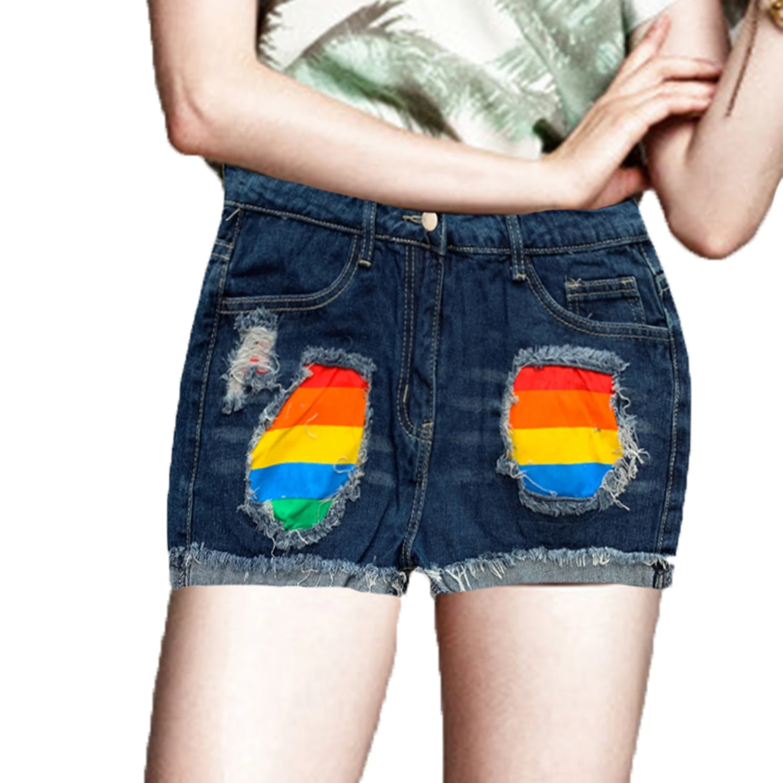 Ripped jeans shorts Rainbow Print Denim Hot Shorts Summer pants pocket button mini pants Ripped Edge Frayed Denim Shorts