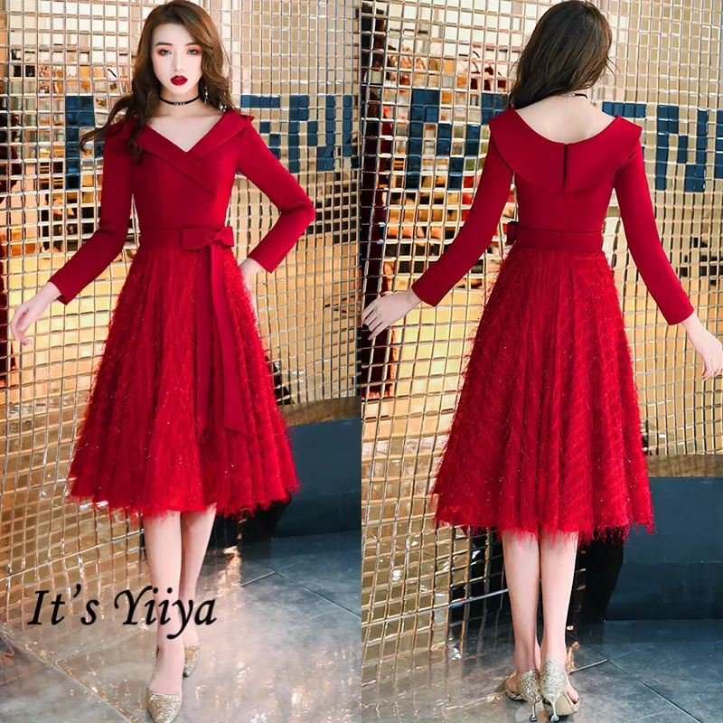 

It's Yiiya Burgundy Evening Gown Long Sleeve Zipper Patchwork Short Evening Dress 2020 Plus Size V-Neck Bow Robe De Soiree K317