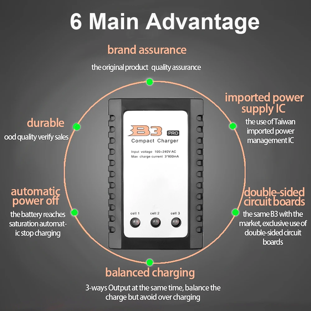 100 - 240V B3 Pro Compact Balance Charger 10W for 2S 3S 7.4V 11.1V Lithium LiPo Battery B3AC for IMAX RC