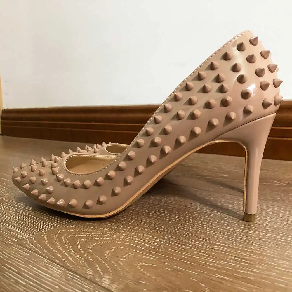 Tikicup Full Spikes Women Nude Patent Pointy Toe High Heels Sexy Ladies Slip On Stilettos Studs Pumps Wedding Party Dress Shoes