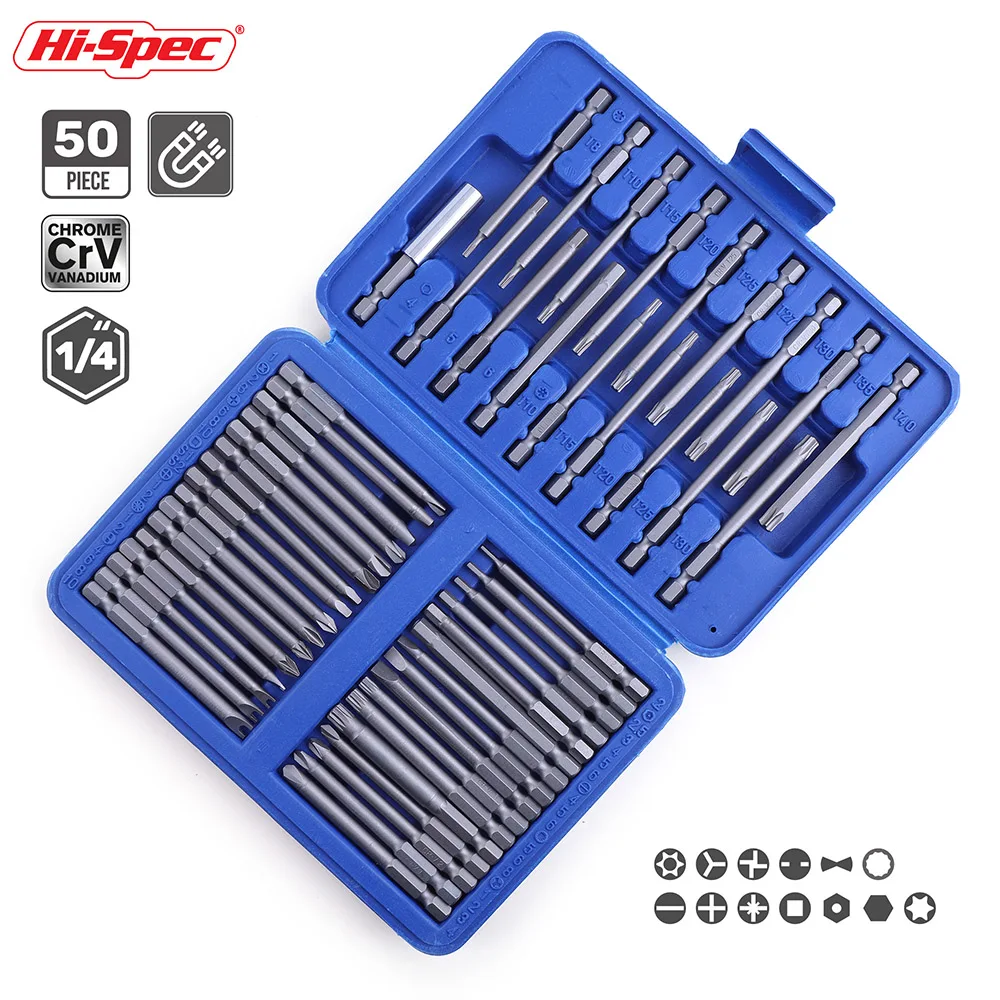 Hi-Spec 50pc 75mm Extra Long Magnetic Screwdriver Bit Set Security Head 1/4 Screwdriver Bits Kit Torx Star Hex Spline Bit Set