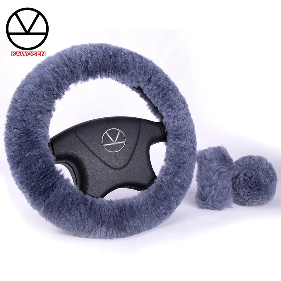 KAWOSEN 1 Set 3 Pcs Winter Warm Wool Steering Wheel Cover Handbrake Cover Gear Shift Cover 38cm diameter Cute Wool Cover WSWS02