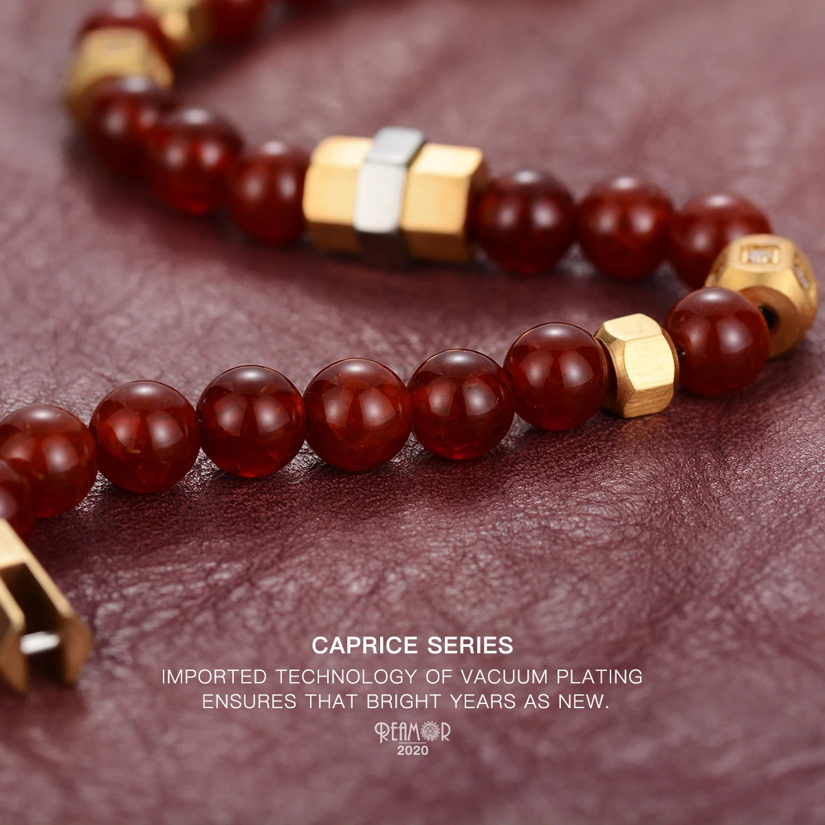 REAMOR White Zircon Golden CNC Beads Stainless steel Chain Bracelet Detachable Striped Carnelian Stone DIY Bracelet Men Women