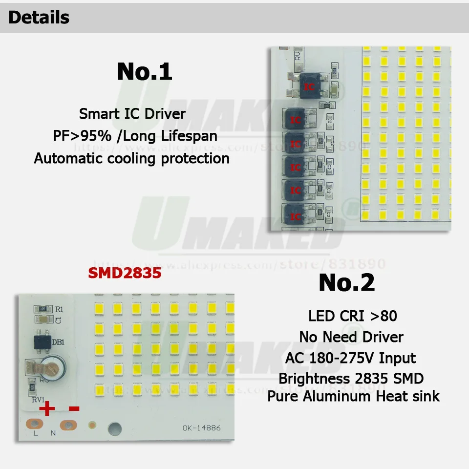 50W AC220V SMD 2835 LED PCB 112x61mm HA CONDOTTO Il Proiettore Modulo piastra di Alluminio Bianco/Caldo SMD2835 intelligente IC Driver Per