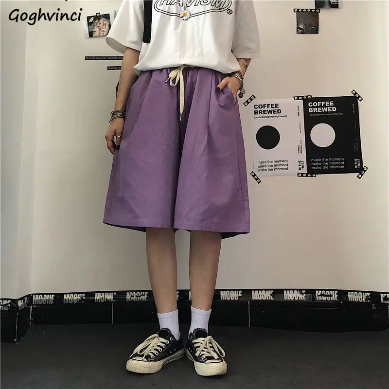 Women Shorts Purple Solid Loose Casual Summer Bottoms Simple Breathable Elastic Waist Knee Length Ulzzang Fashion Korean Style