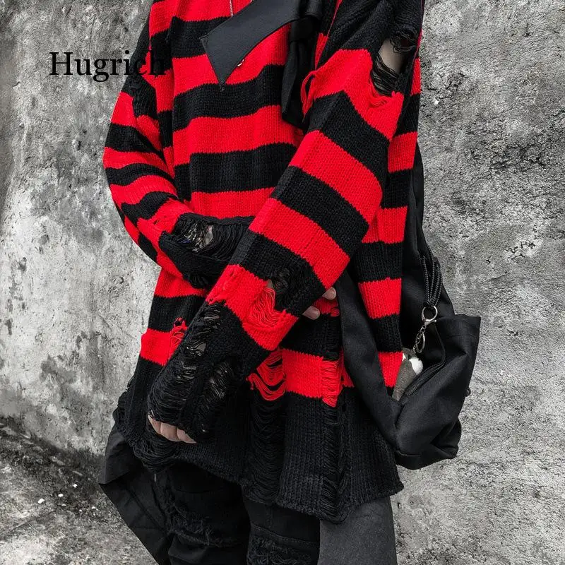 Black Red Striped Sweaters Washed Destroyed Ripped Men Hole Knit Jumpers Men Women Oversized Sweater