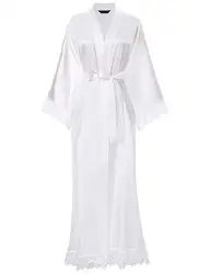 Womens Sexy Long Kimono Dress Lace Bath Robe Lingerie Gown Ice Silk Nightdress Solid Color Nightgown Nightwear Plus Size #0701