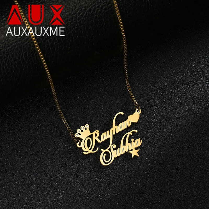 

Auxauxme Custom White Zircon Crown Heart Star Names Necklace Stainless Steel Personalized Nameplate Choker Anniversary Jewelry