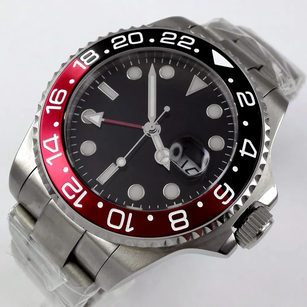 

40MM Sterile Black Dial Sapphire Glass Date Luminous Black Red Bezel Steel Bracelet Red GMT Automatic Movement Men's Watch