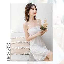 Sexy milk silk suspender underskirt women deep chest lace full slip dress slim transparent underdress bottoming skirt nightdress