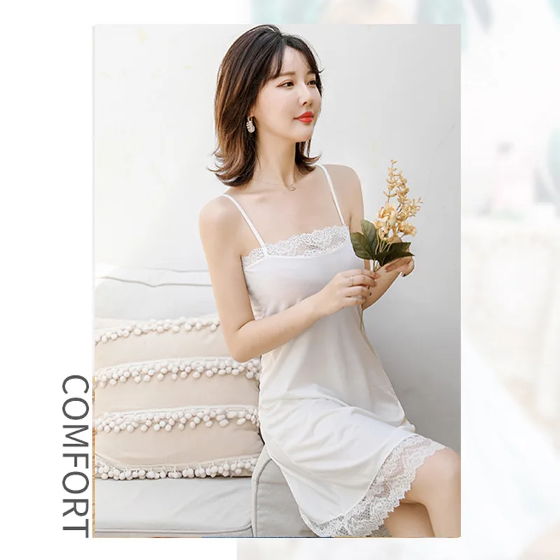 Sexy milk silk suspender underskirt women deep chest lace full slip dress slim transparent underdress bottoming skirt nightdress