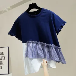 Summer 2022 Loose Korean Female Tops Striped Patchwork T Shirts Women Casual O Neck Short Sleeve Ladies Tees Spring