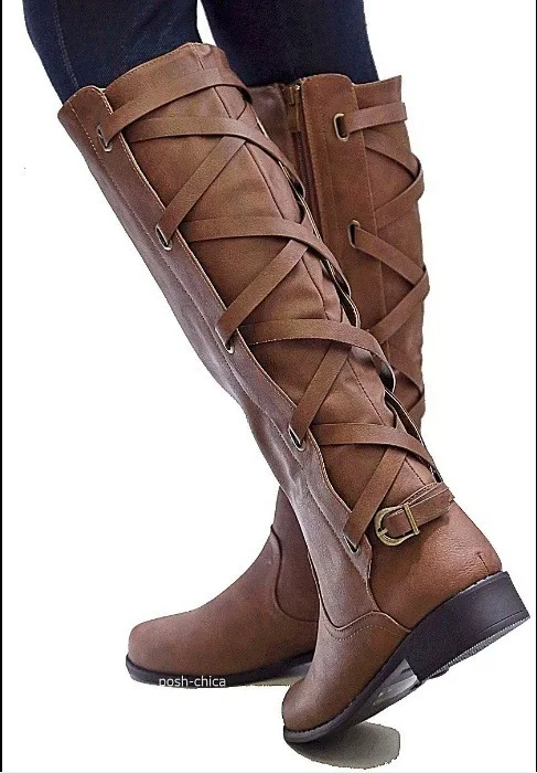 Women Knee-High Boots Fashion Boots Buckle Strap Cross Tie Boots Woman Shoes Ladies Spring Boots Waterproof Rainboots 35-43