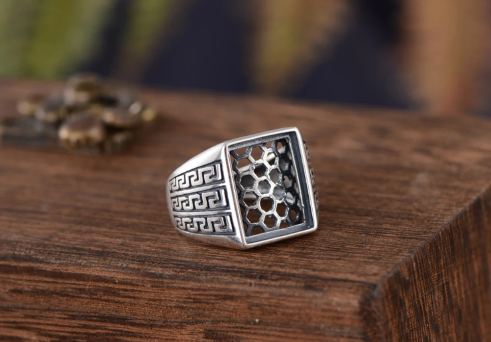 Men's Ring Blank (12x15mm Rectangle Blank) Adjustable Thai Sterling Silver Vintage Style Rectangle Cabochon Ring Setting R929B