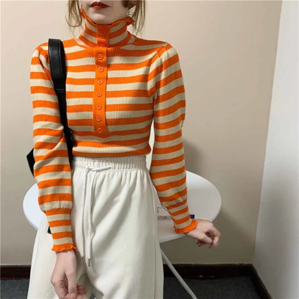 Winter Turtleneck Knitted Sweater Women Autumn Korean 2022 Long Sleeve Striped Pullover Slim Base Outwear Ladies Elegant Jumper