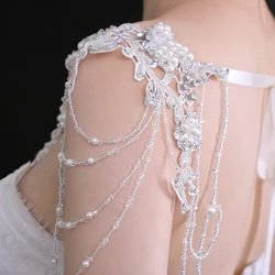Bridal Tassel Pearl Shoulder Chain Jewelry Bridal Shawl Inlaid Rhinestone Handmade Flower Design Crystal  Body Chain