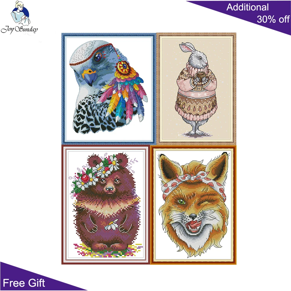 Joy Sunday Lovely Animal Cross Stitch Kits, Rainbow, Eagle, Flower, Bear, Sly, Fox, Rabbit, DA369, DA370, DA372, DA374