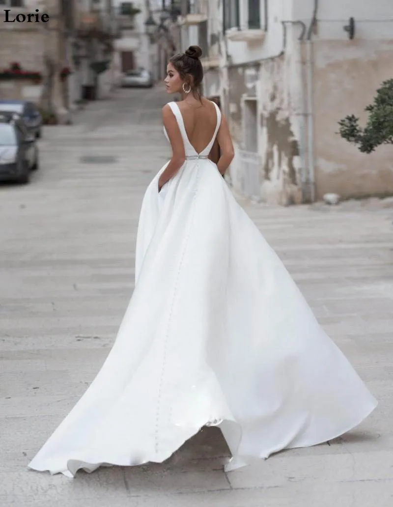 Lorie Satin Wedding Dresses V Neck  Bride Dresses Buttons Vestido de novia  Boho Elegant Wedding Gown For Women Custom Made