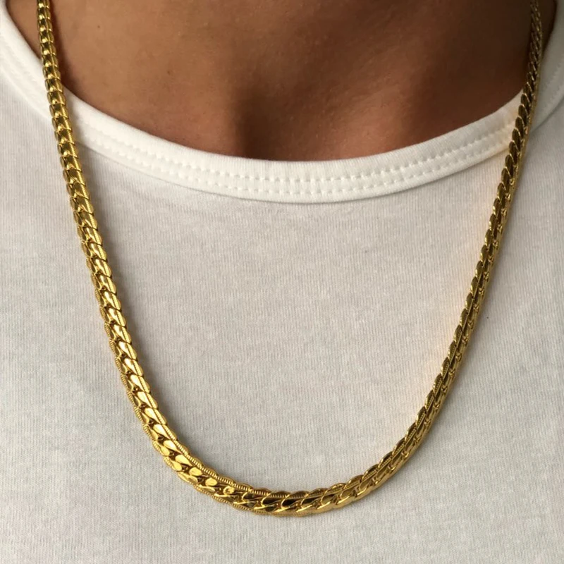 Punk 4/7mm Embossing Flat Snake Chain Necklace Gold/Silver Color Stainless Steel Chains For Men Women Fashion Jewelry 18\