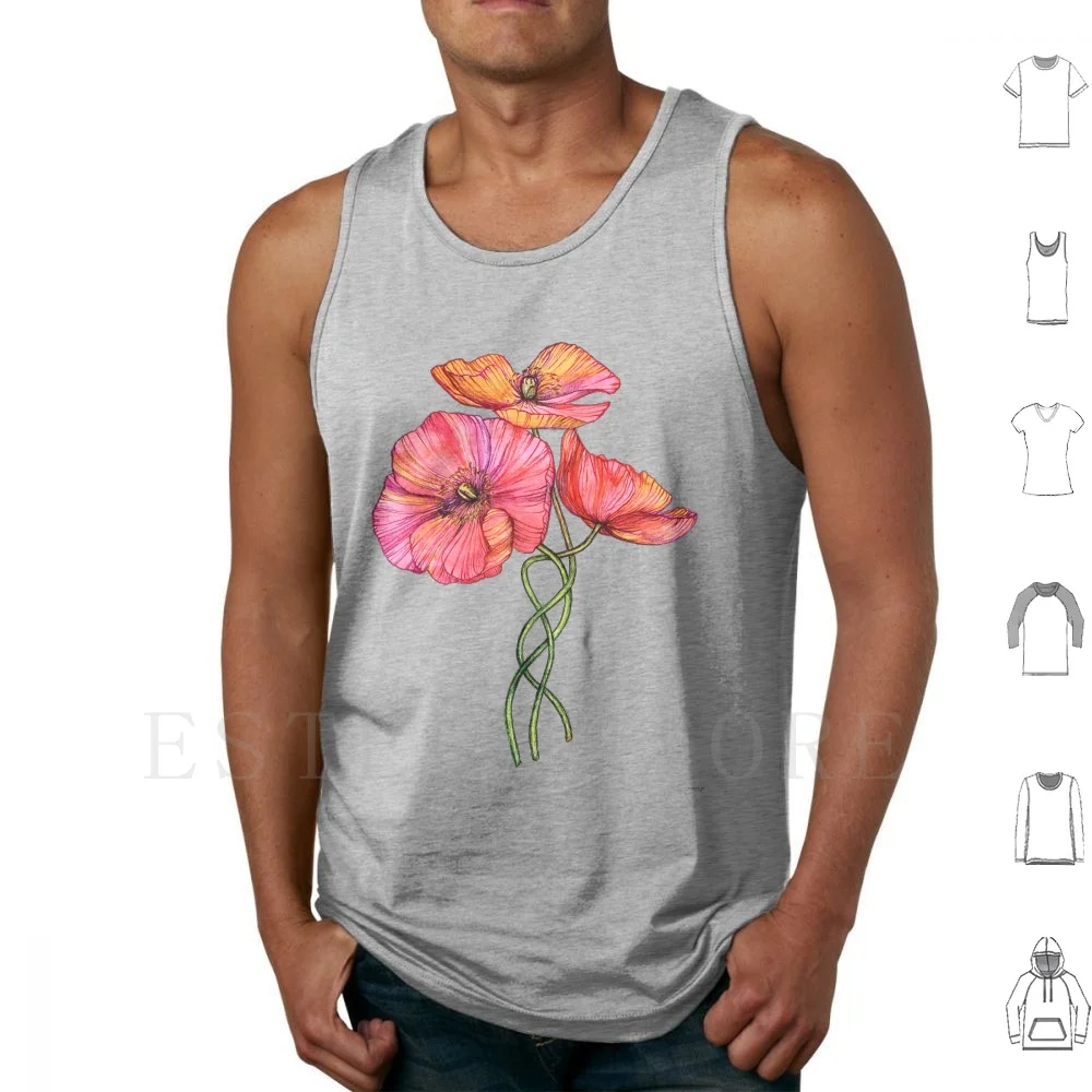 Peach & Pink Poppy Tangle Tank Tops Vest Flowers Floral Poppy Poppies Pink Purple Green White Peach Color Colorful