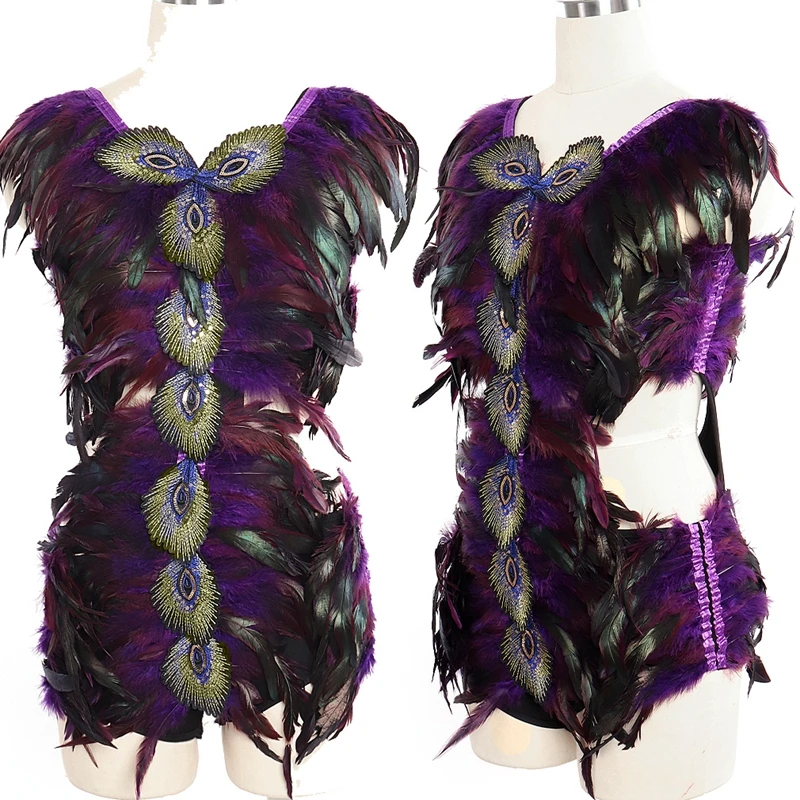 

Festive Rave Luxurious Natural Feathers Skirt Body Harness Bondage Belt Sexy Women Goth Stage Performance Backless Evening Dress