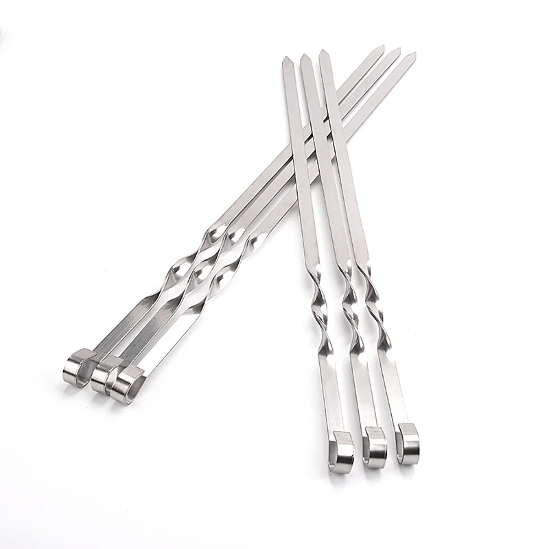 6/10/12pcs Stainless Steel Barbecue Skewers Portable BBQ Grill Needle Long Handle Flat BBQ Skewers Metal Kebob Fork Stick 45cm