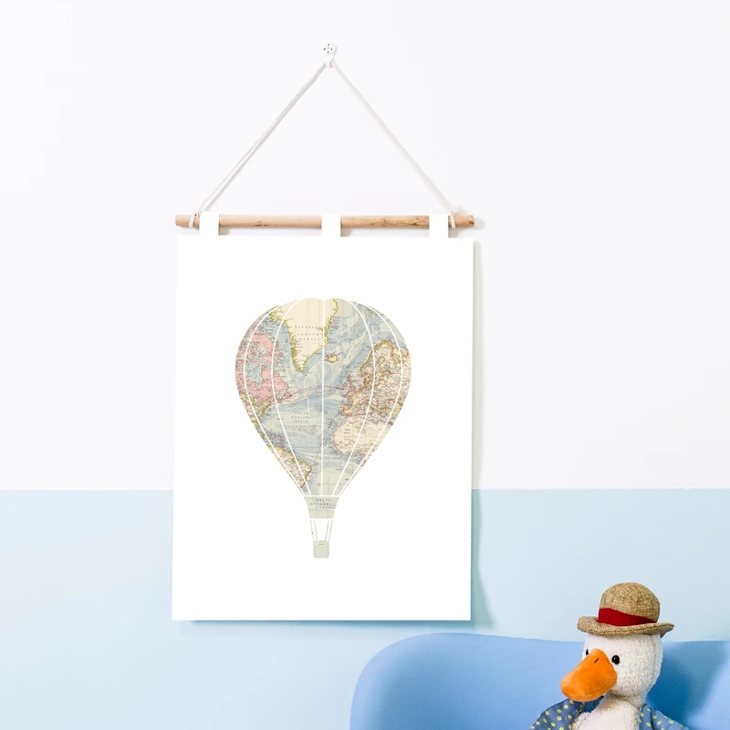 World Map Print Adventure Travel Nursery Wall Art Canvas Poster Hot Air Balloon Train Airplane Art Painting Kids Room Decor