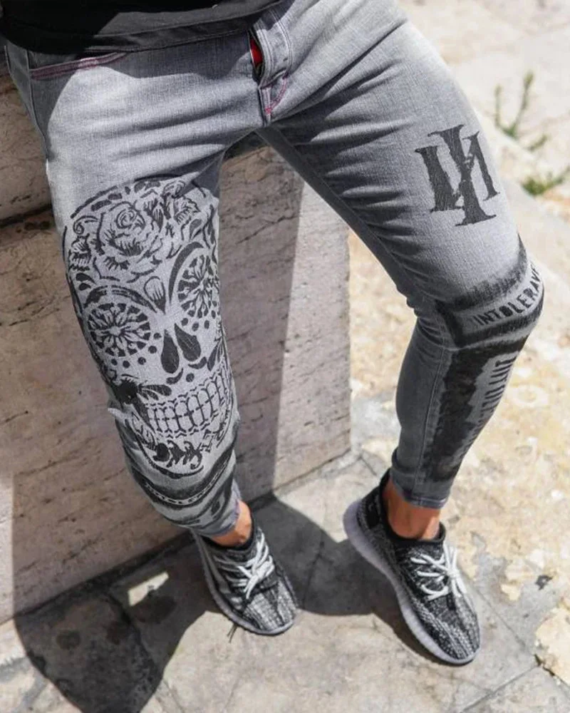 

Men sexy Skinny Stretch Jeans High Quality Street Fashion Printing Wash Gray Denim pencil pants Causal Jogging Men's Trousers