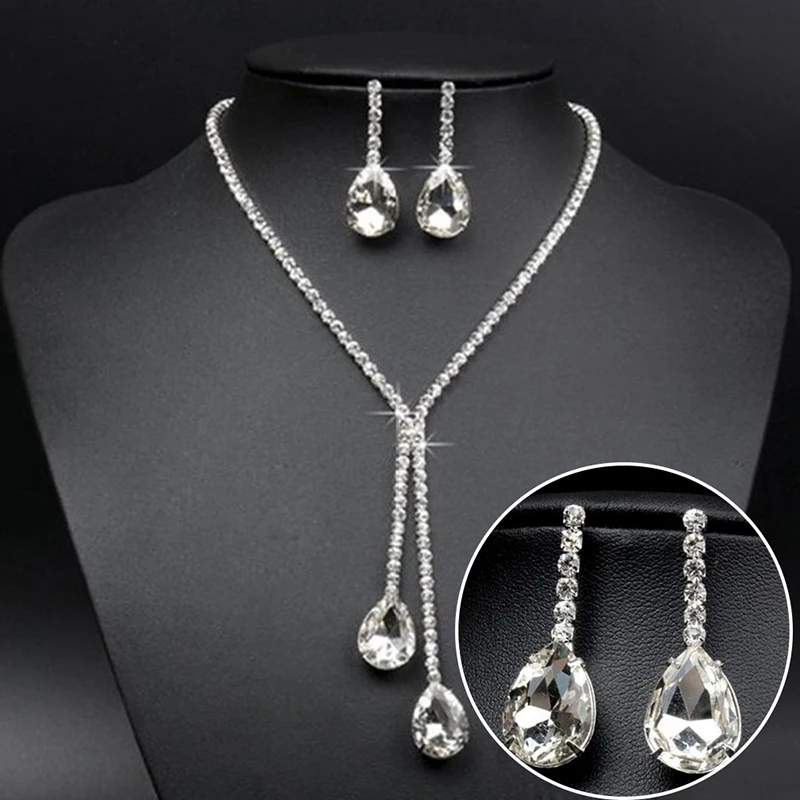 3PCS/Set Wedding Bridal Jewelry Sets Simple Luxury Full Crystal Chain Water Drop Necklaces & Pendants Dangle Earrings Sets