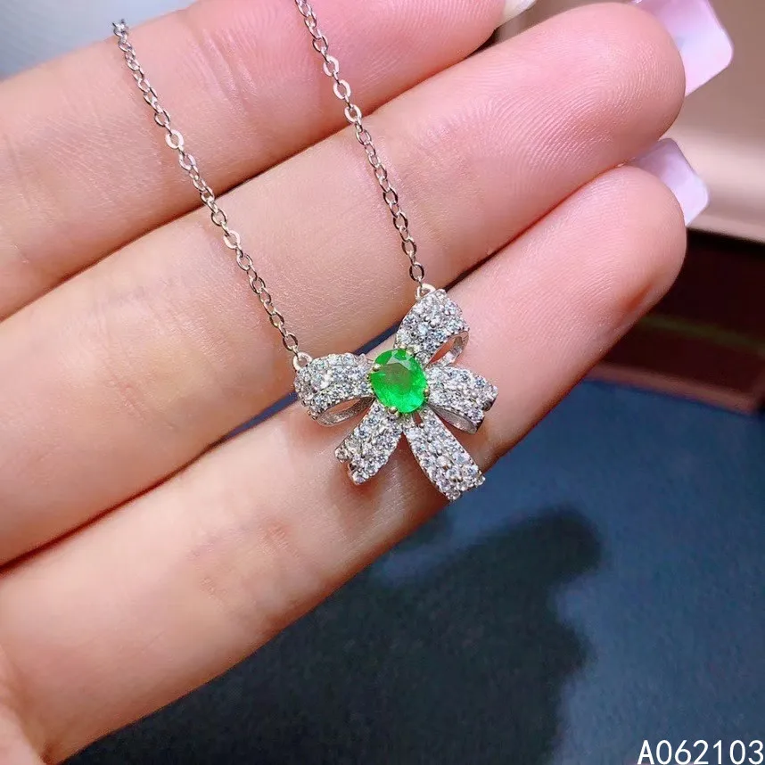 

KJJEAXCMY fine jewelry 925 Sterling Silver inlaid natural emerald Women's exquisite popular ol style bow gem pendant necklace su