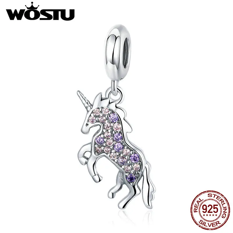 WOSTU New Arrival 925 Sterling Silver Shimmering Unicorn Dangles Charms Fit Bracelet & Necklace Pendant Jewelry CQC996