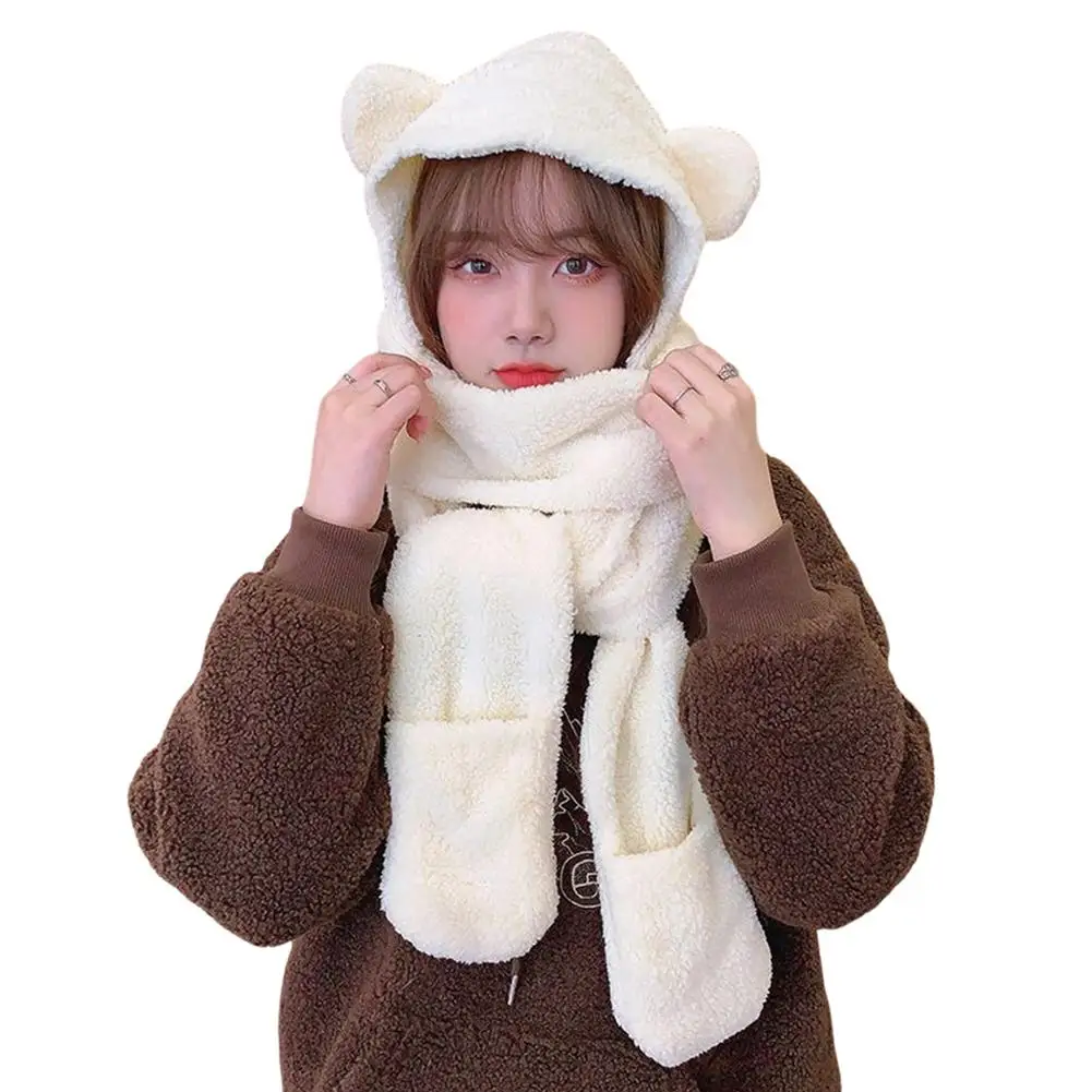 3 In 1 Women Fluffy Plush Warm Cat Ears Hooded Scarf Earflap Hat Gloves Mittens Cartoon Animal Hoods