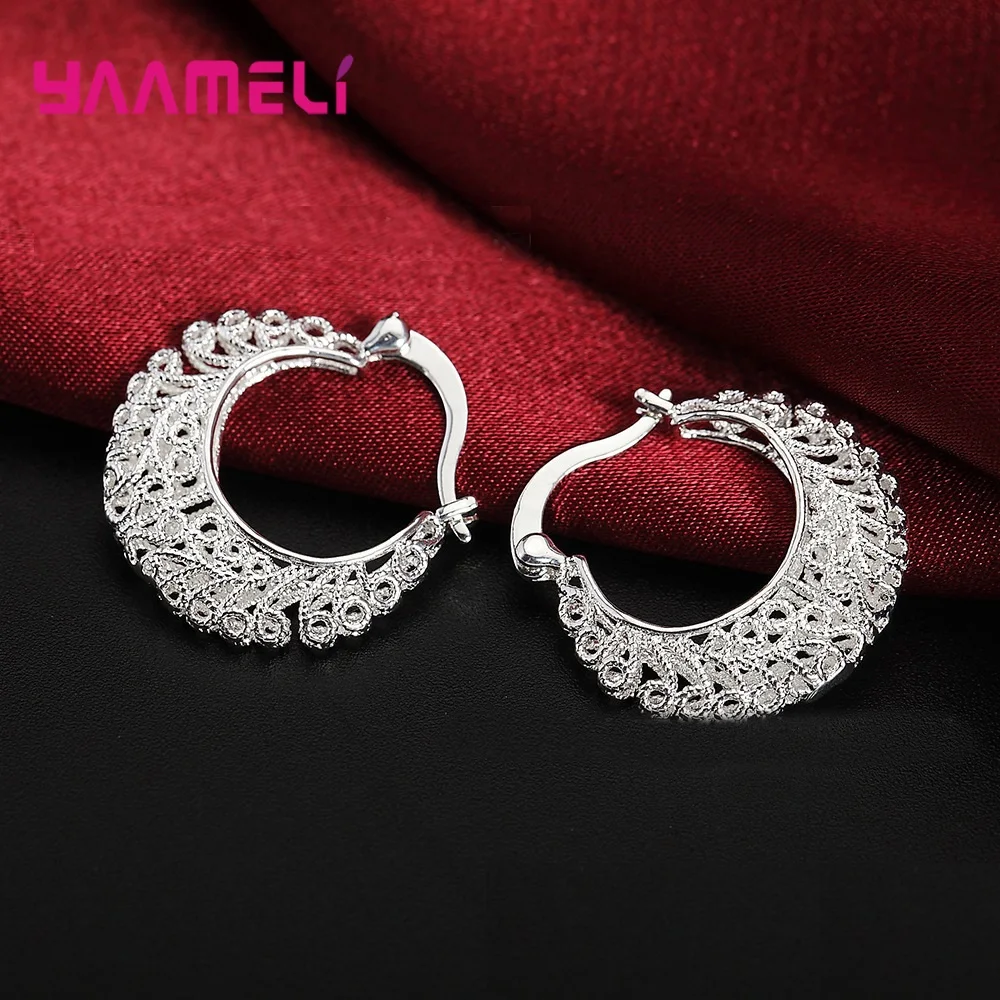 Ethnic Vintage Pattern Hoop Earrings 100% 925 Sterling Silver Real S925 Jewelry Woman Famle Wedding Engagement Party Gifts