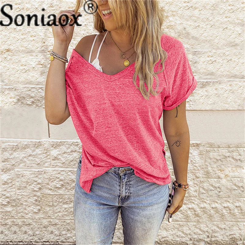 Women Oversized Solid Color V Neck Ladies Sweatshirt Short Sleeve T-Shirt Summer New Female Casual Loose Top T-Shirt