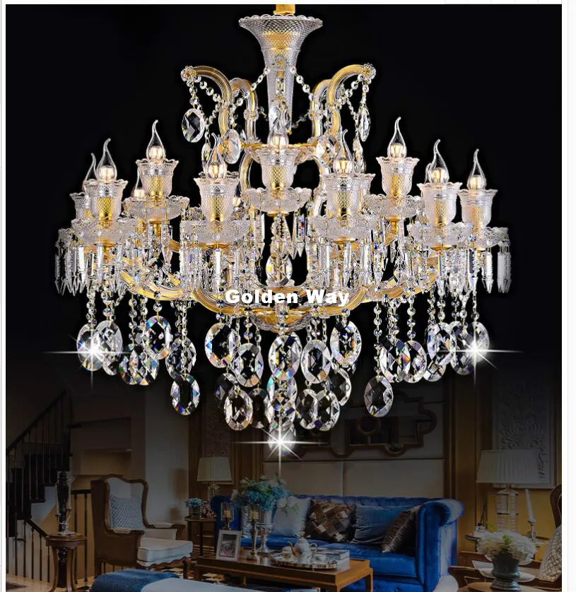 Golden Chrome Color Maria Theresa Crystal Chandeliers Light Crystal Lustre 15arms D85cm H80cm LED Lamp for Lobby Stair Pendants