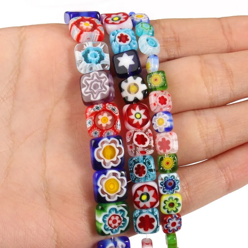 6 8 10mm Square Shape Millefiori Flower Patterns Lampwork Glass Loose Spacer Beads for Jewelry Making Diy Bracelet Accessories