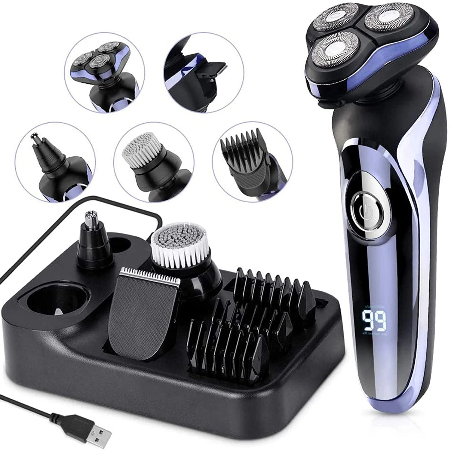 

5 in 1 Electric Razor for Men Hair Clipper Rotary Shaver Beard Trimmer Waterproof USB Fast Charging Cordless Nose Hair Trimmer
