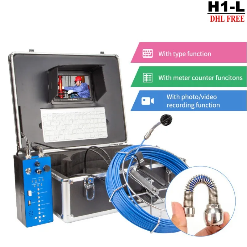 H1 30m endoscope camera  Recordable Drain & Duct Inspection   Pipe Inspections Camera System with Meter Counter Keyboard