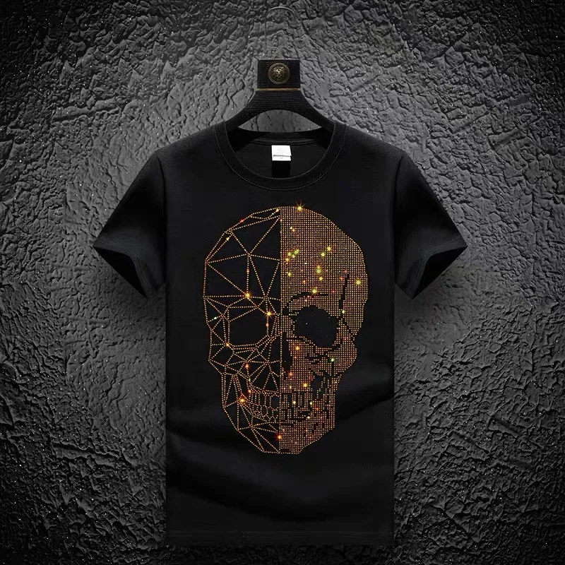 

Men's Tees Cotton Plus Size Summer T-Shirt Casual Business Heavy Craft Skull Rhinestone Brand Design Short Sleeve New Tops 5XL