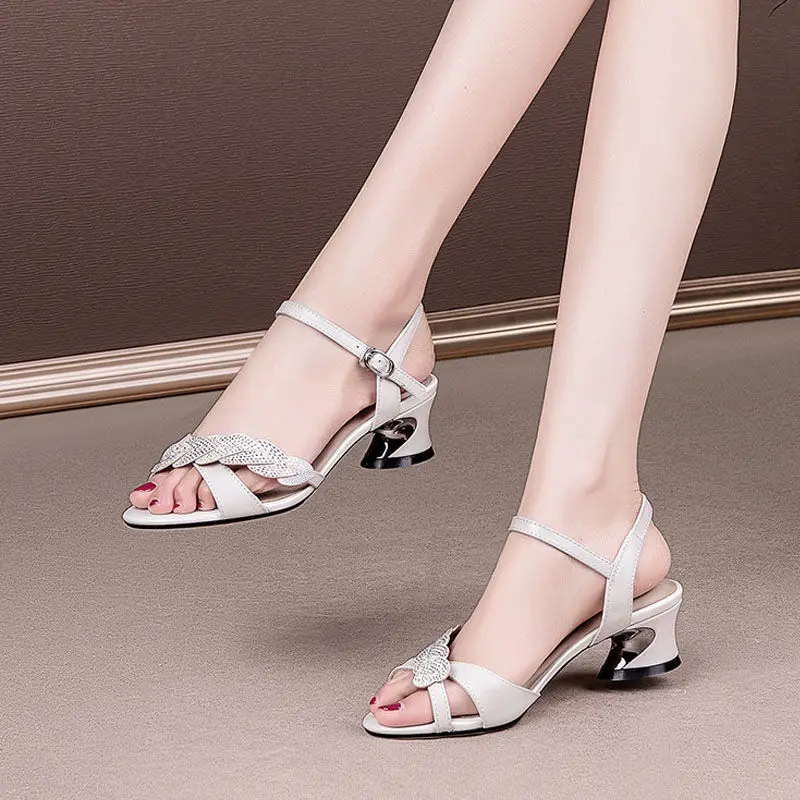 2022 Women Rhinestone Sandals,Summer Mid Heels,Open toe,Comfot Ankle Buckle Strap Shoes for Office Lady,BLACK,WHITE,Dropshipping