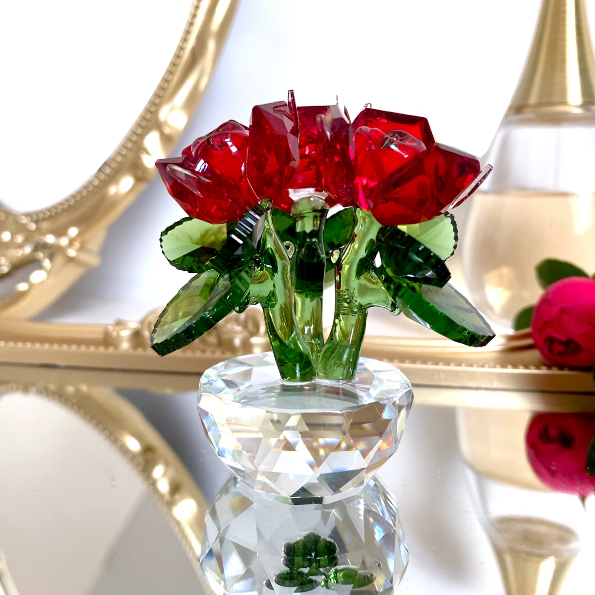 バラのオブジェ 6 Colors Crystal Glass Rose Flower Figurines Unfading Bouquet